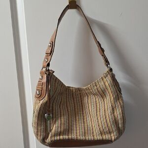 Fossil Womens Hobo Handbag Multicolor Canvas Stripe Woven Key Strap Single S
